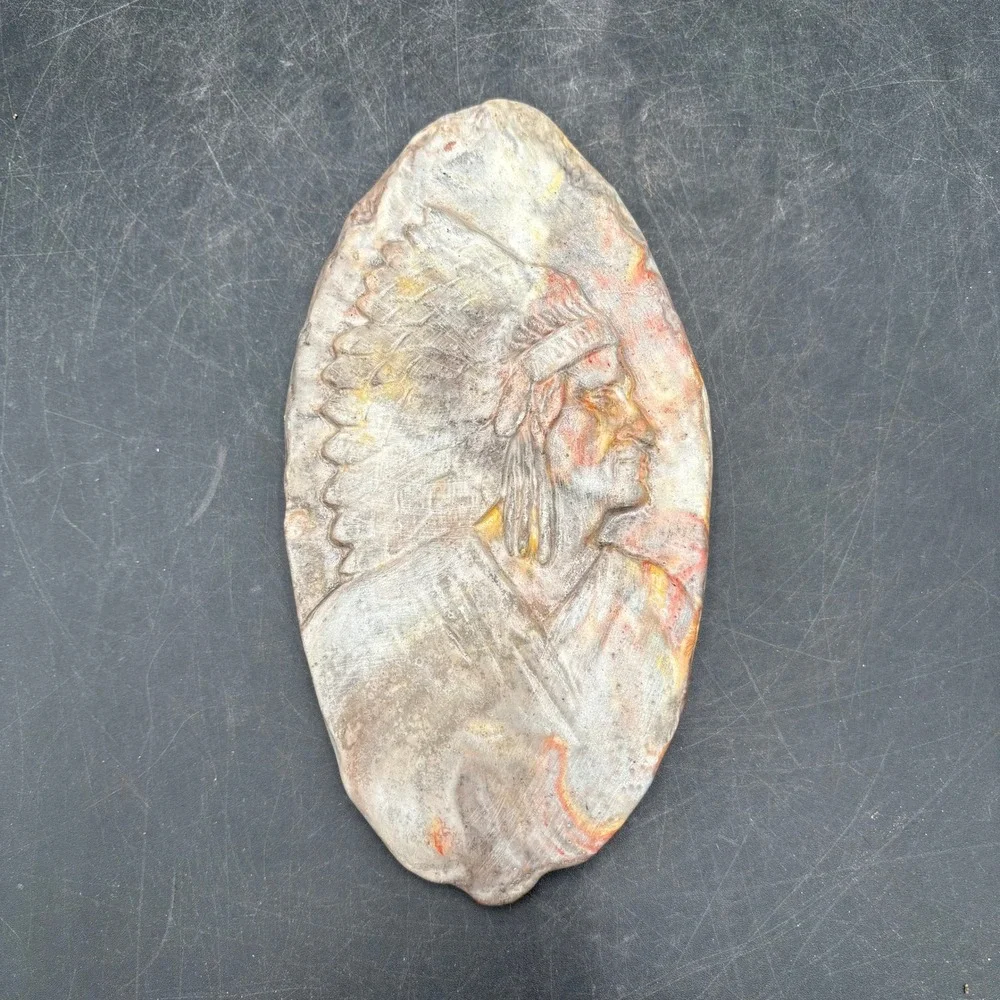 Vintage Native American Chief Relief Wall Plaque Stone Look Marbled Art 8.5in